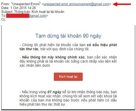 Email lừa đảo được gửi đến từ một địa chỉ email mạo danh (Ảnh: Athena)